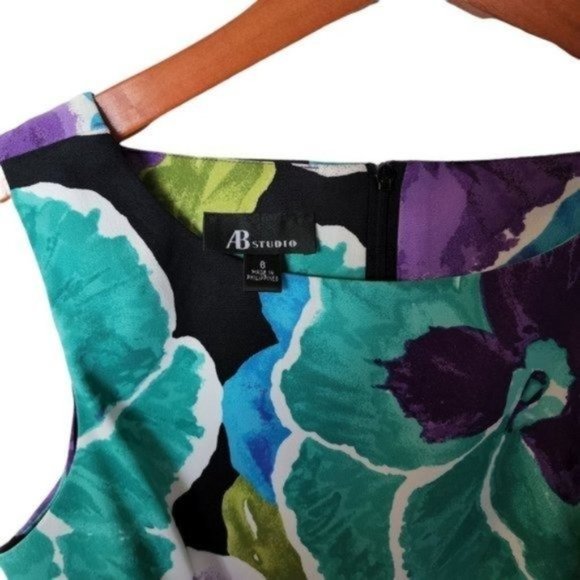 ABStudio Sleeveless Tank‎ Dress Violet Flower Size 6 Floral Black Casual - Picture 5 of 10